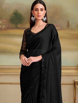 Black embellished sequinned poly chiffon heavy work saree 1