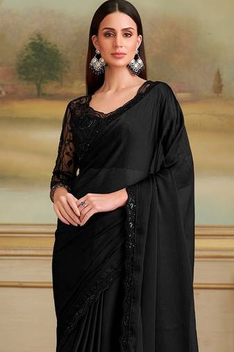 Black embellished sequinned poly chiffon heavy work saree