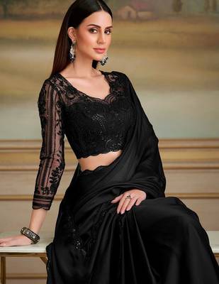 Black embellished sequinned poly chiffon heavy work saree 2