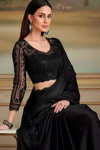 Black embellished sequinned poly chiffon heavy work saree