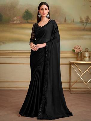 Black embellished sequinned poly chiffon heavy work saree 3