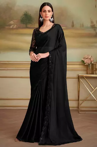 Black embellished sequinned poly chiffon heavy work saree