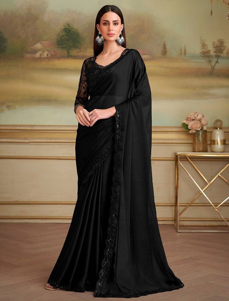 Black embellished sequinned poly chiffon heavy work saree