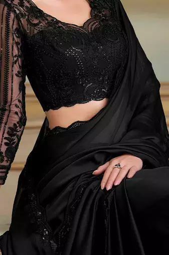 Black embellished sequinned poly chiffon heavy work saree