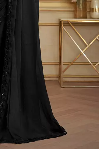 Black embellished sequinned poly chiffon heavy work saree