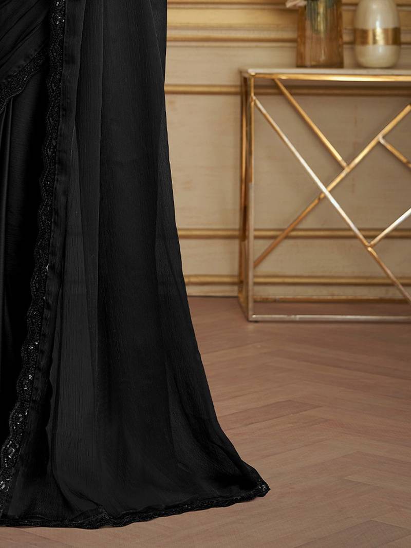 Black embellished sequinned poly chiffon heavy work saree