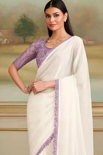 Off white embellished embroidered  georgette saree