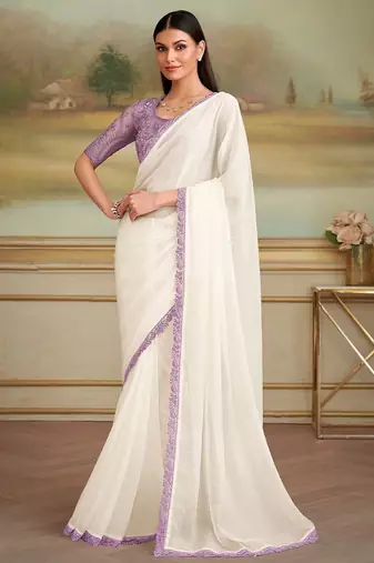 Off white embellished embroidered  georgette saree