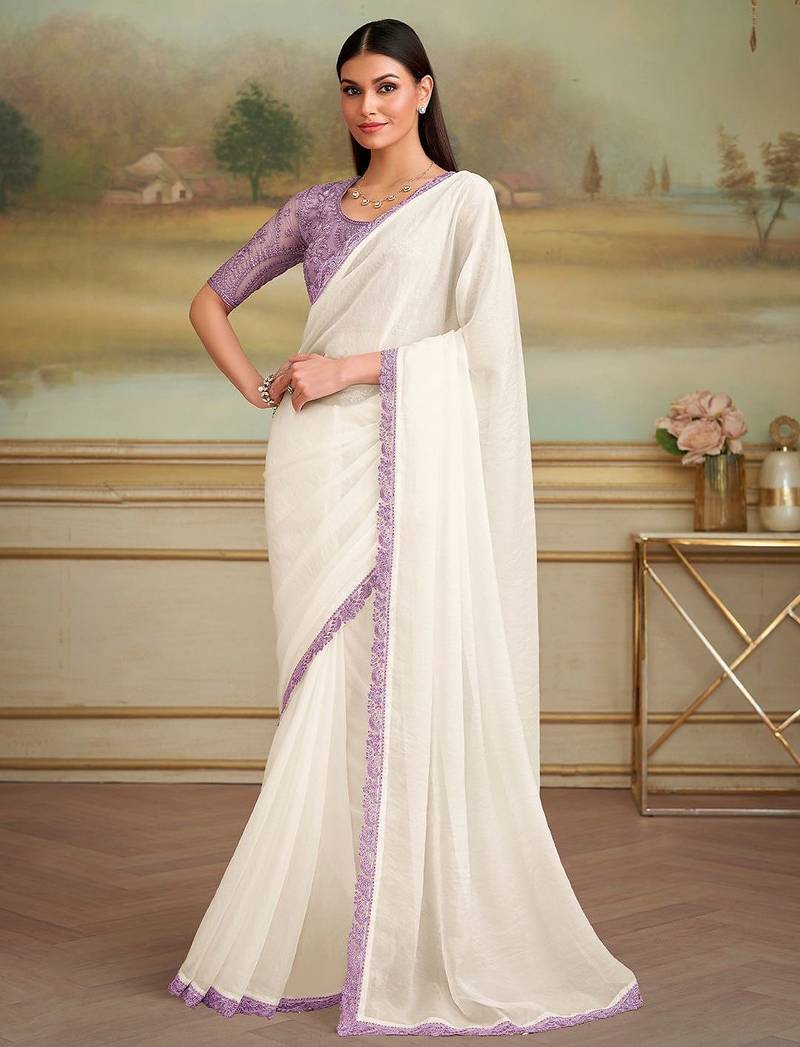 Off white embellished embroidered  georgette saree