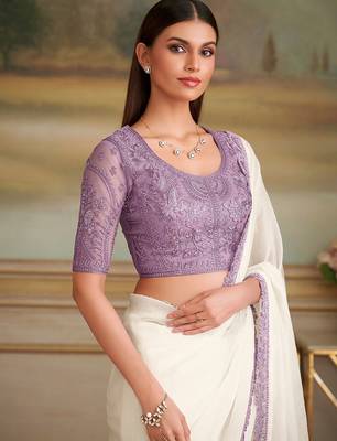 Off white embellished embroidered  georgette saree 3