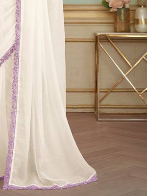 Off white embellished embroidered  georgette saree 5
