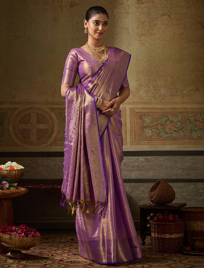 lavender banarasi silk blend saree for women festive traditional wedding party ethnic saree