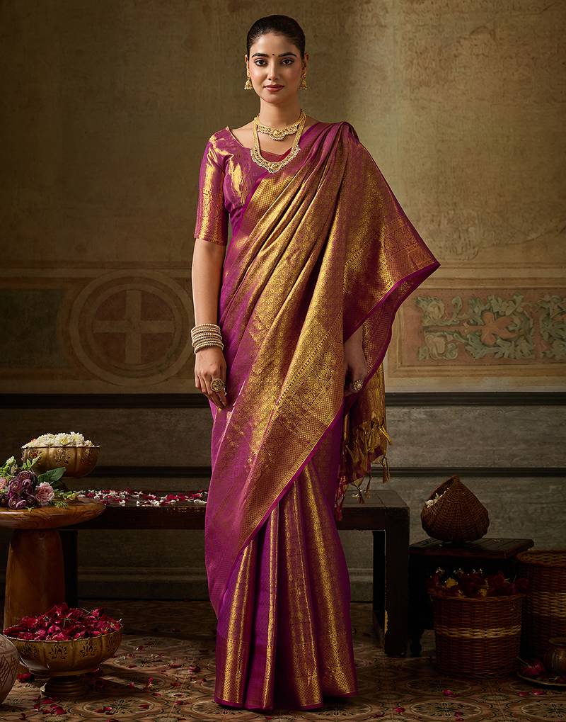 rani pink banarasi silk blend saree for women festive party traditional wedding ethnic saree