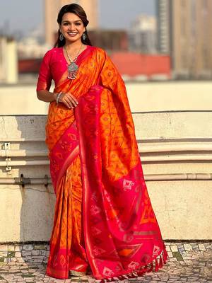 Orange woven design zari kanjeevaram saree 1