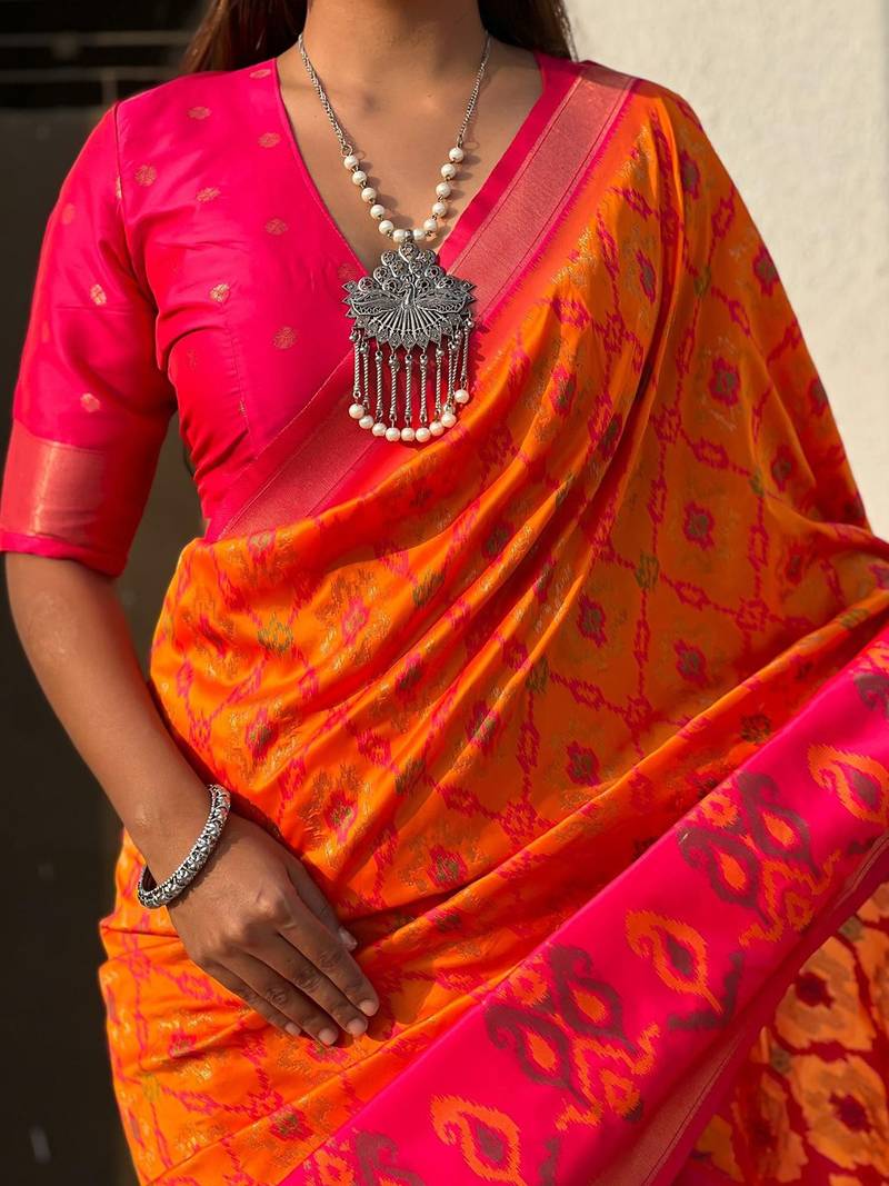 Orange woven design zari kanjeevaram saree