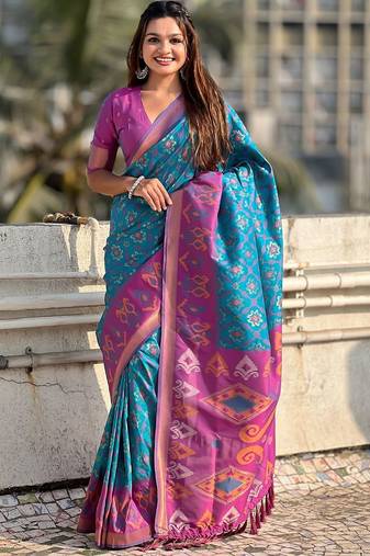 Blue woven design zari patola saree