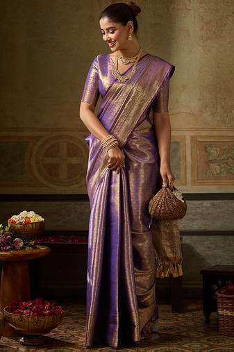purple banarasi silk blend saree for women festive party traditional wedding ethnic saree