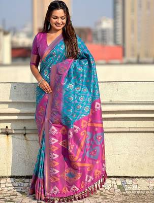Blue woven design zari patola saree 3