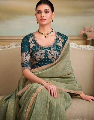 Olive sequinned  georgette designer saree 1