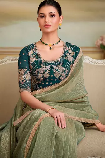 Olive sequinned  georgette designer saree