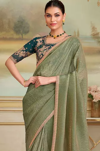 Olive sequinned  georgette designer saree