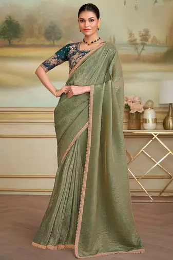 Olive sequinned  georgette designer saree