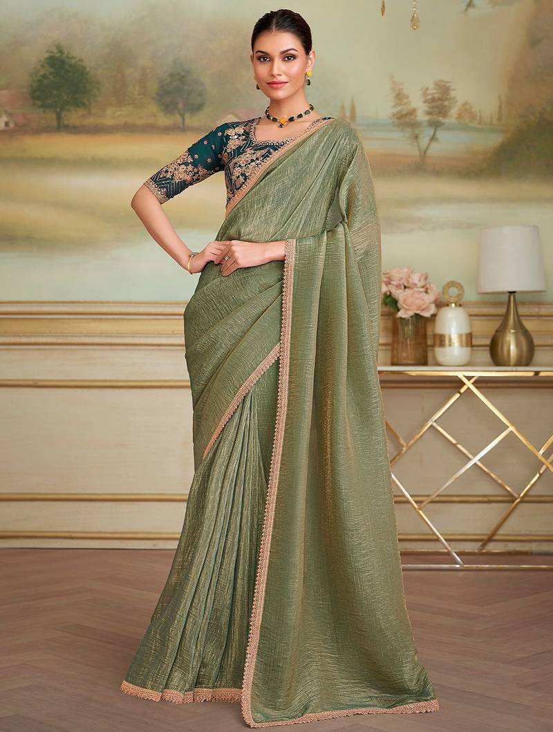 Olive sequinned  georgette designer saree