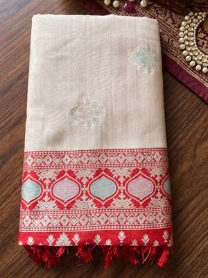 cream & red silk blend blend saree | festive, wedding & party ethnic wear 4