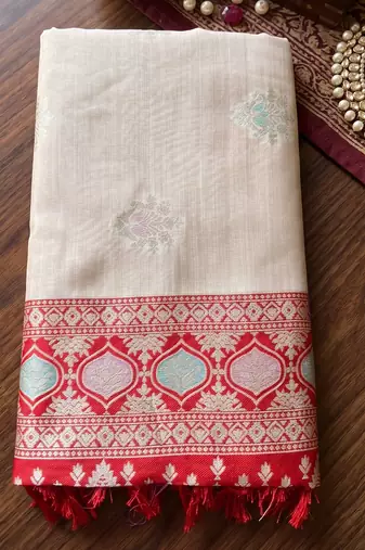 cream & red silk blend blend saree | festive, wedding & party ethnic wear