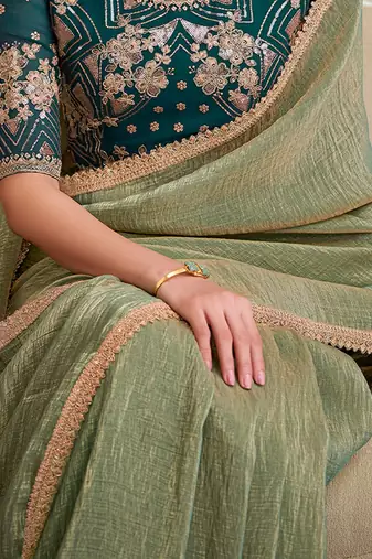 Olive sequinned  georgette designer saree