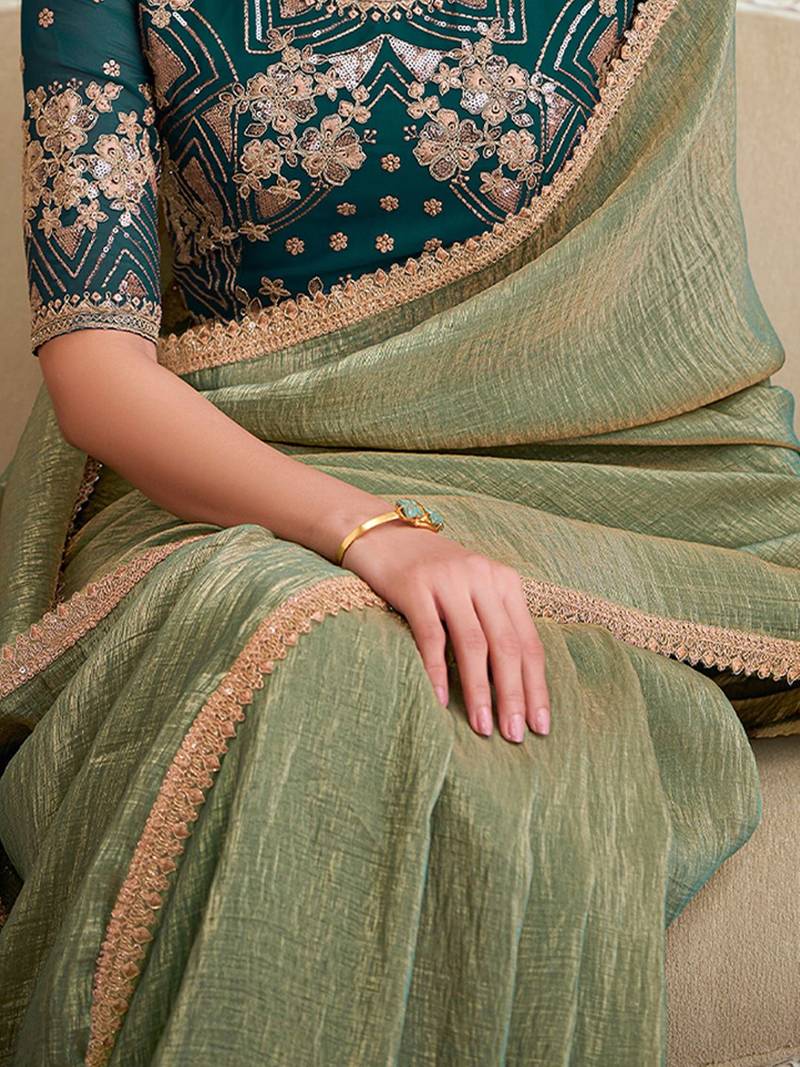 Olive sequinned  georgette designer saree