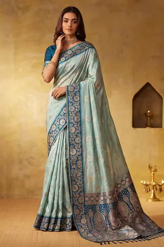 sky blue silk blend blend saree with navy border | premium wedding & festive wear