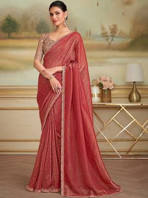 Rust embellished zari  georgette heavy work saree 1