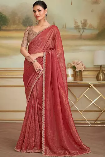 Rust embellished zari  georgette heavy work saree