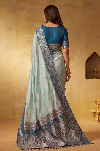 sky blue silk blend blend saree with navy border | premium wedding & festive wear