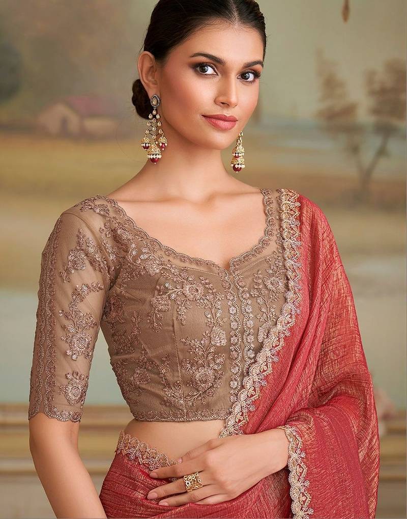 Rust embellished zari  georgette heavy work saree