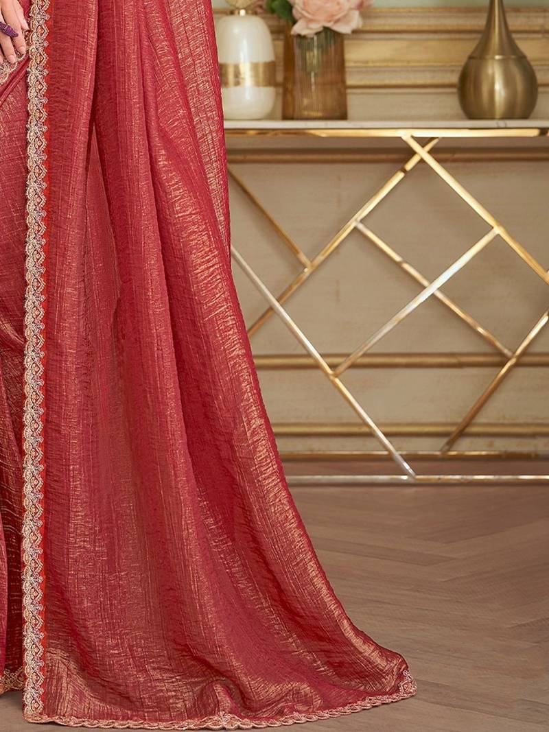 Rust embellished zari  georgette heavy work saree