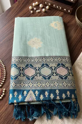 sky blue silk blend blend saree with navy border | premium wedding & festive wear