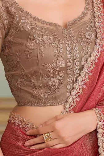 Rust embellished zari  georgette heavy work saree