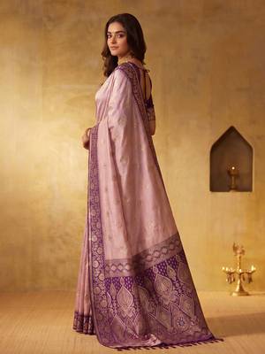 rose pink silk blend blend saree | purple zari border ethnic party wear for women 2