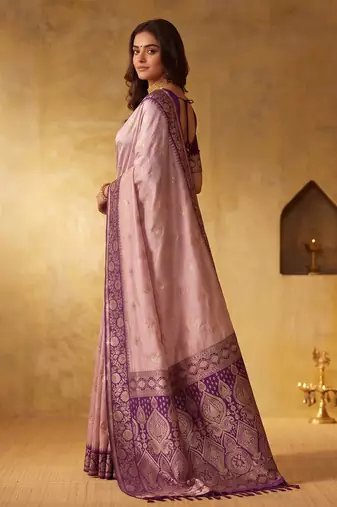 rose pink silk blend blend saree | purple zari border ethnic party wear for women