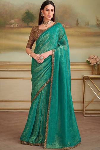 Teal woven design embroidered  georgette designer saree