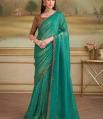 Teal woven design embroidered  georgette designer saree