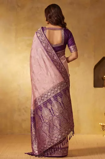 rose pink silk blend blend saree | purple zari border ethnic party wear for women
