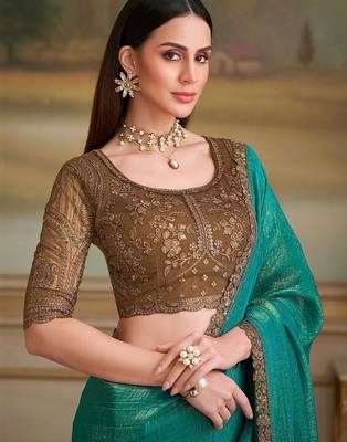 Teal woven design embroidered  georgette designer saree 2