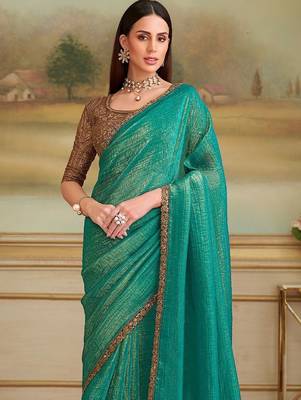Teal woven design embroidered  georgette designer saree 3