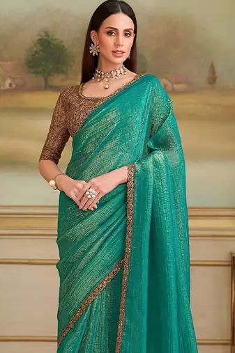 Teal woven design embroidered  georgette designer saree