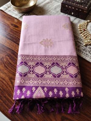 rose pink silk blend blend saree | purple zari border ethnic party wear for women 5