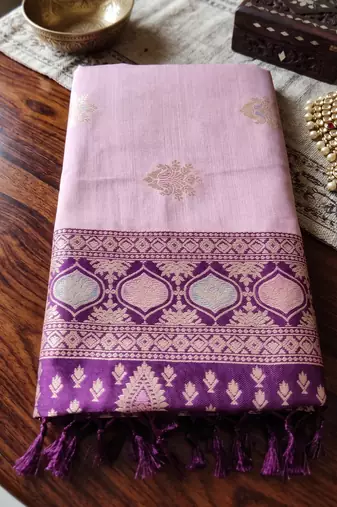 rose pink silk blend blend saree | purple zari border ethnic party wear for women