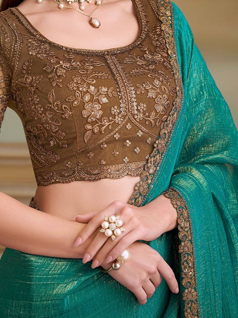 Teal woven design embroidered  georgette designer saree